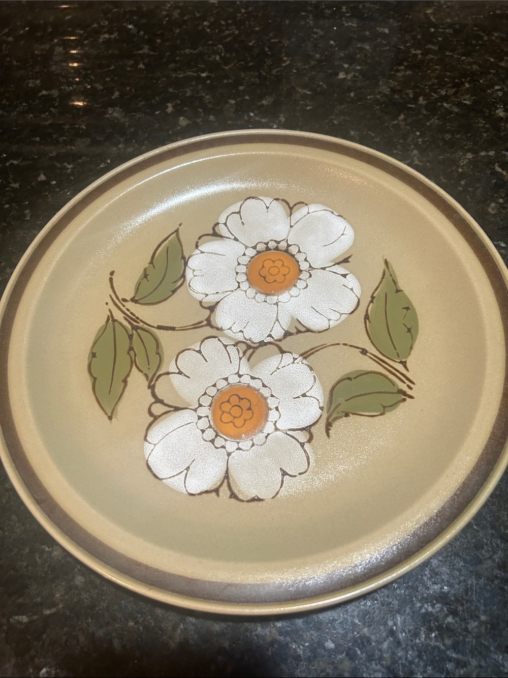 vintage Ceramic Floral Dinner Plate in Beige with White Flowers